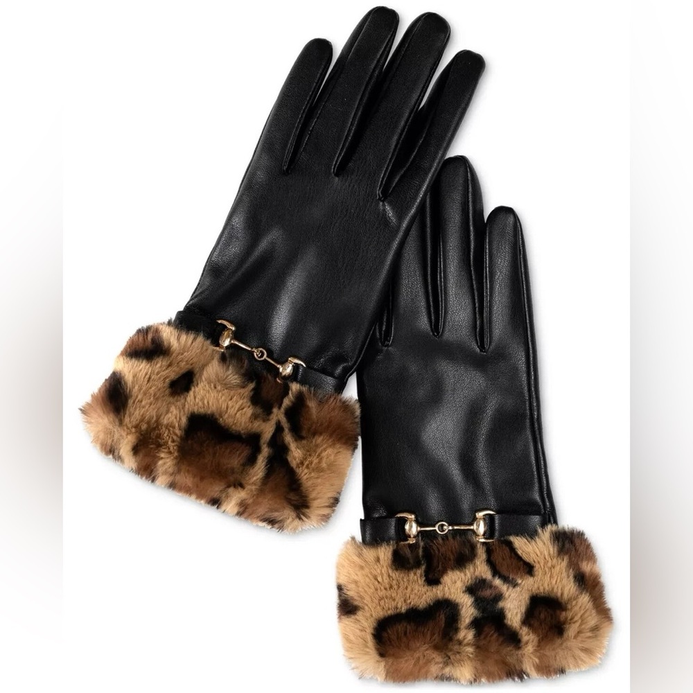New - I.N.C. International Faux-Leather Faux-Leopard-Fur Womens Gloves